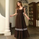 Women's Elegant Long Maxi Gown with Shoulder Ribbon Tie-Up, Stylish & Trendy - Fit and Flare Sleeveless Square Neckline Western Dress, Casual Dress for Women - Image 5