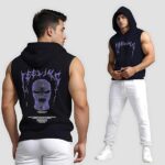 Mens Printed Hooded Neck Sleeveless Black Polyester Gym Fit Vest | Workout Hoodie - Image 3
