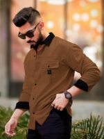 Maniac Mens Solid Collared Neck Full Sleeve Biscuit and Black Cotton Shirt - Image 15