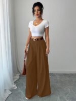 Aahwan Grey Solid High Waist Straight Korean Loose Pleated Wide Leg Trouser for Women's & Girl's - Image 9