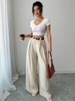 Aahwan Grey Solid High Waist Straight Korean Loose Pleated Wide Leg Trouser for Women's & Girl's - Image 4