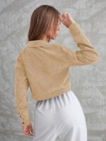 SMOWKLY Women’s Corduroy Cropped Jacket with Two Pockets| Casual Button Down Korean Style Casual | Stylish Lightweight for Women’s | Full Sleeve Outerwear for Regular Wear - Image 3