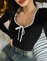 Black Slim Fit Scoop Neck Top, Long Sleeves Top for Women,Front Knot Top - Image 3