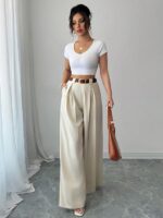 Aahwan Grey Solid High Waist Straight Korean Loose Pleated Wide Leg Trouser for Women's & Girl's - Image 5