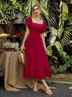 Shreyam Girl's & Women's Solid A-Line Ruched Puff Sleeve Maxi Long Evening One Piece Long Dress for Women Stylish - Image 4