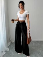 Aahwan Grey Solid High Waist Straight Korean Loose Pleated Wide Leg Trouser for Women's & Girl's - Image 12