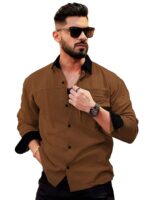Maniac Mens Solid Collared Neck Full Sleeve Biscuit and Black Cotton Shirt - Image 12