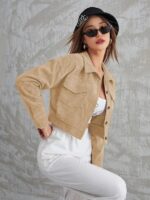 SMOWKLY Women’s Corduroy Cropped Jacket with Two Pockets| Casual Button Down Korean Style Casual | Stylish Lightweight for Women’s | Full Sleeve Outerwear for Regular Wear - Image 2