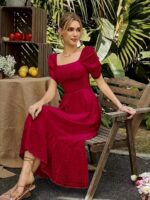 Shreyam Girl's & Women's Solid A-Line Ruched Puff Sleeve Maxi Long Evening One Piece Long Dress for Women Stylish - Image 5