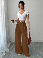 Aahwan Grey Solid High Waist Straight Korean Loose Pleated Wide Leg Trouser for Women's & Girl's - Image 8