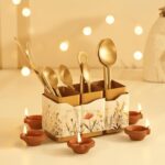 Brick Brown® Premium Metal Triflora Cutlery Holder – Spoon Stand for Kitchen | Spoon Holder for Dining Table | Wooden Caddy Storage Organizer | Stand Caddy Holder for Kitchen Utensils (6.3x8x9.5in) - Image 6