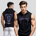 Mens Printed Hooded Neck Sleeveless Black Polyester Gym Fit Vest | Workout Hoodie - Image 2
