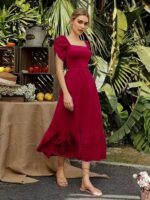 Shreyam Girl's & Women's Solid A-Line Ruched Puff Sleeve Maxi Long Evening One Piece Long Dress for Women Stylish - Image 2