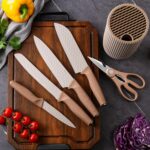 Luxury 6 in 1 Wooden Coating Knife Set Light Wood Grain Handle Anti-Rust Non-Stick Stainless Steel Sharp Edge with 4 Knifes, 1 Stand, 1 Scissor for Hotel, Travel, Meat, Fruits (Khaki) - Image 7