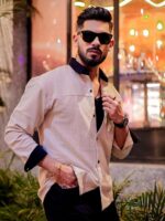 Maniac Mens Solid Collared Neck Full Sleeve Biscuit and Black Cotton Shirt - Image 3