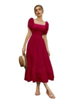 Shreyam Girl's & Women's Solid A-Line Ruched Puff Sleeve Maxi Long Evening One Piece Long Dress for Women Stylish