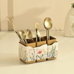 Brick Brown® Premium Metal Triflora Cutlery Holder – Spoon Stand for Kitchen | Spoon Holder for Dining Table | Wooden Caddy Storage Organizer | Stand Caddy Holder for Kitchen Utensils (6.3x8x9.5in)
