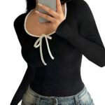 Black Slim Fit Scoop Neck Top, Long Sleeves Top for Women,Front Knot Top