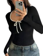Black Slim Fit Scoop Neck Top, Long Sleeves Top for Women,Front Knot Top
