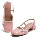 JM LOOKS Women's Glossy Buckle Strap Mary Jane Block Heel with Bow Detail