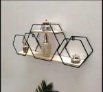 Hexagon Shape Wall Mounted Metal & Wooden Floating Shelf | Honeycomb Design Decorative Wall Rack for Living Room, Bedroom, Kitchen & Office | Geometric Display Shelf for Home Décor & Storage (Black) - Image 2