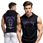 Mens Printed Hooded Neck Sleeveless Black Polyester Gym Fit Vest | Workout Hoodie