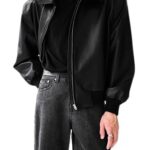 Men's Black Faux Leather Bomber Jacket With Front Zip Closure For Casual Or Semi Formal Look