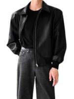 Men's Black Faux Leather Bomber Jacket With Front Zip Closure For Casual Or Semi Formal Look