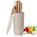 Luxury 6 in 1 Wooden Coating Knife Set Light Wood Grain Handle Anti-Rust Non-Stick Stainless Steel Sharp Edge with 4 Knifes, 1 Stand, 1 Scissor for Hotel, Travel, Meat, Fruits (Khaki)