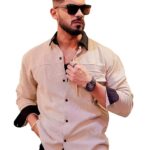 Maniac Mens Solid Collared Neck Full Sleeve Biscuit and Black Cotton Shirt