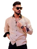 Maniac Mens Solid Collared Neck Full Sleeve Biscuit and Black Cotton Shirt