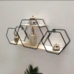 Hexagon Shape Wall Mounted Metal & Wooden Floating Shelf | Honeycomb Design Decorative Wall Rack for Living Room, Bedroom, Kitchen & Office | Geometric Display Shelf for Home Décor & Storage (Black)