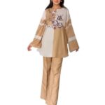 Two Tone Floral Printed A-Line Kurti with Pant Set for Women, Beige & Cream Designer Co-Ord Set