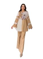 Two Tone Floral Printed A-Line Kurti with Pant Set for Women, Beige & Cream Designer Co-Ord Set