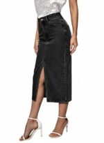 Women's Mid Rise Denim Midi Skirt with Front Slit and Pockets | Classic Blue Wash A-Line Denim Skirt | Casual & Streetwear - Image 6