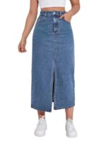 Women's Mid Rise Denim Midi Skirt with Front Slit and Pockets | Classic Blue Wash A-Line Denim Skirt | Casual & Streetwear - Image 10