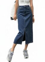 Women's Mid Rise Denim Midi Skirt with Front Slit and Pockets | Classic Blue Wash A-Line Denim Skirt | Casual & Streetwear - Image 8