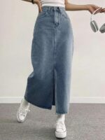 Women's Mid Rise Denim Midi Skirt with Front Slit and Pockets | Classic Blue Wash A-Line Denim Skirt | Casual & Streetwear - Image 2