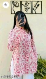 Womens Rayon Floral Printed Short Kurti Stylish Ethnic Top with 3/4 Sleeves Comfortable Daily and Office Wear Kurta for Jeans & Leggings - Image 2