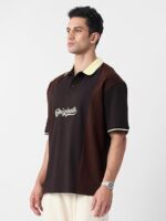 The Souled Store Originals: Dark Brown Men and Boys Short Sleeves Polo Collar Cream Colour Block Cotton Oversized T-Shirts - Image 3