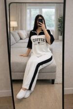 Women's Print Half-Zip Co-ord Set, Color Block, Graphic Print Top with Pants, Casual Loungewear - Image 5