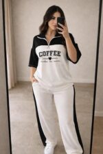 Women's Print Half-Zip Co-ord Set, Color Block, Graphic Print Top with Pants, Casual Loungewear - Image 2