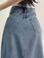 Women's Mid Rise Denim Midi Skirt with Front Slit and Pockets | Classic Blue Wash A-Line Denim Skirt | Casual & Streetwear - Image 5