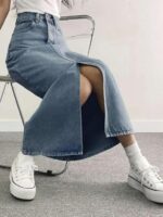 Women's Mid Rise Denim Midi Skirt with Front Slit and Pockets | Classic Blue Wash A-Line Denim Skirt | Casual & Streetwear - Image 3