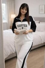 Women's Print Half-Zip Co-ord Set, Color Block, Graphic Print Top with Pants, Casual Loungewear - Image 4