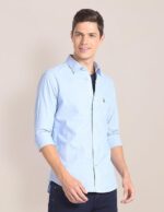 U.S. POLO ASSN. Men's Blue Solid Spread Collar Collared Neck Full Sleeve Casual Cotton Regular Fit Shirt - Image 2