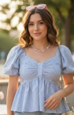 KARMA APPAREL Women’s Stylish Puff Sleeve Ruched Bow Front Top | Trendy Casual Summer Wear for Girls | Soft Lightweight Western Top for Daily & Vacation Outfit - Image 6