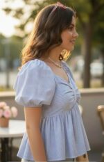 KARMA APPAREL Women’s Stylish Puff Sleeve Ruched Bow Front Top | Trendy Casual Summer Wear for Girls | Soft Lightweight Western Top for Daily & Vacation Outfit - Image 8