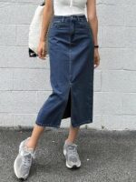 Women's Mid Rise Denim Midi Skirt with Front Slit and Pockets | Classic Blue Wash A-Line Denim Skirt | Casual & Streetwear - Image 9
