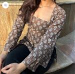 Women’s Cotton Floral Printed Square Neck Straight Short Kurti Top Full Sleeve - Image 3